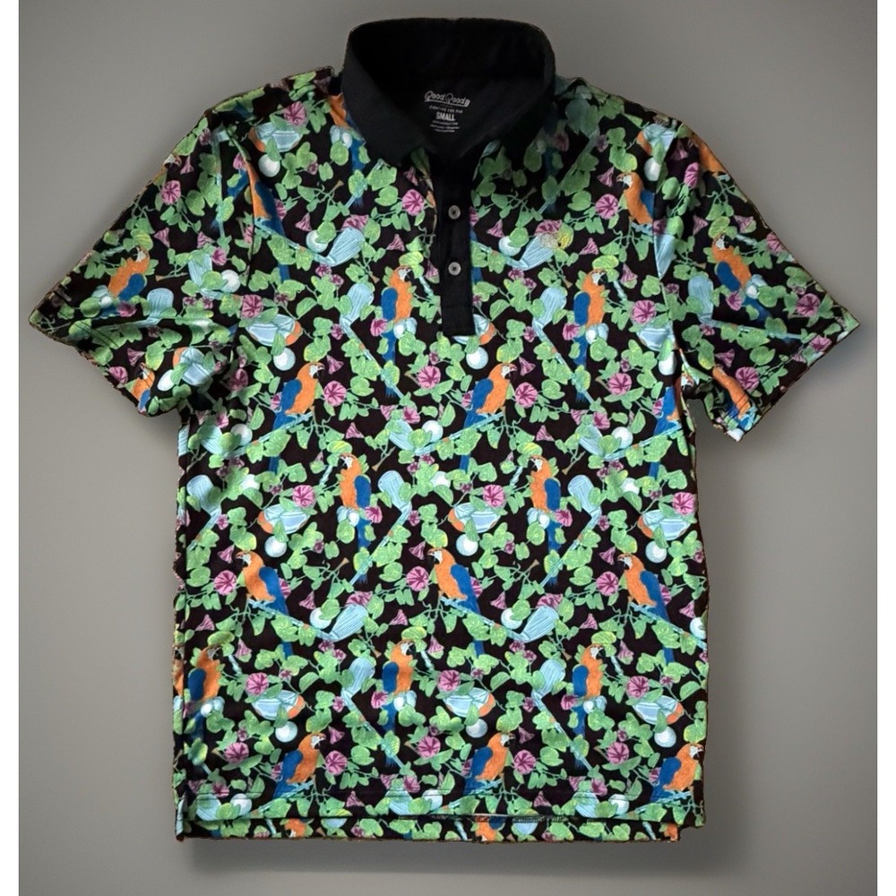 Good Good Golf Short Sleeve Polo Shirt Colorful Floral Parrot Logo Small JBHS